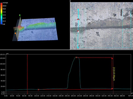 Profile measurement of microscopic flash in parting line (500x)
